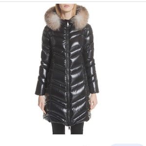 Quilted hooded down puffer with removable genuine fox fur trim